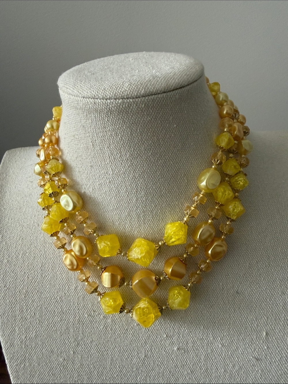 Hong Kong Signed Vintage Yellow Lucite Multi Strand Statement Necklace.